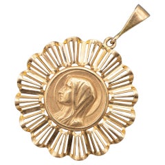 18K gold Floral Estate pendant - Vintage religious Blessed Mother, Madonna charm