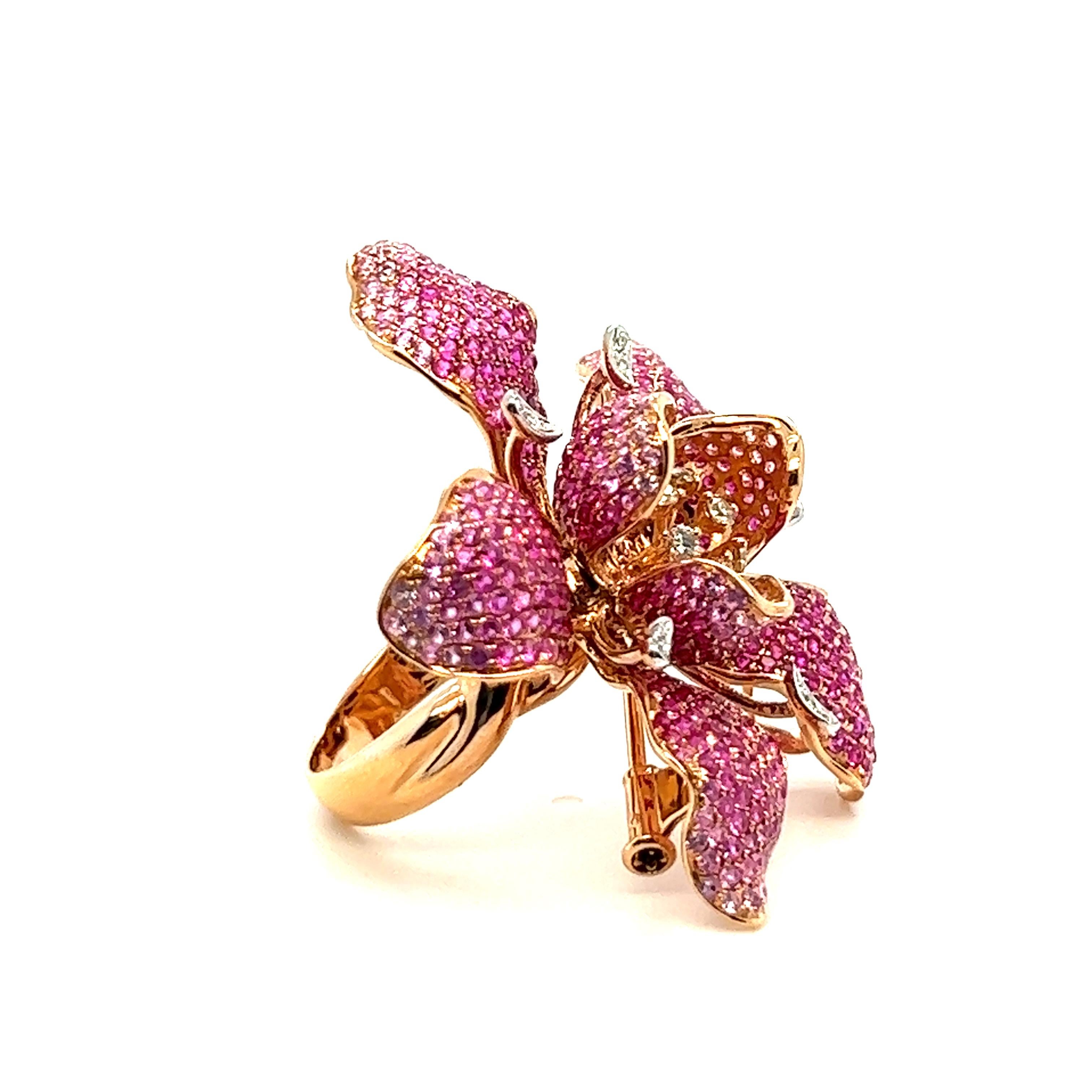 18K Gold Flower Collection Fuschia Gemstone Ring

66 Diamonds - 0.65CT 
28 Green Garnets - 0.60CT
295 Rubies - 6.95CT 
18K Rose Gold - 20.81GM

Unique handicrafts and precious Fuschia gemstones make a delicate flower bloom on your finger. It seems