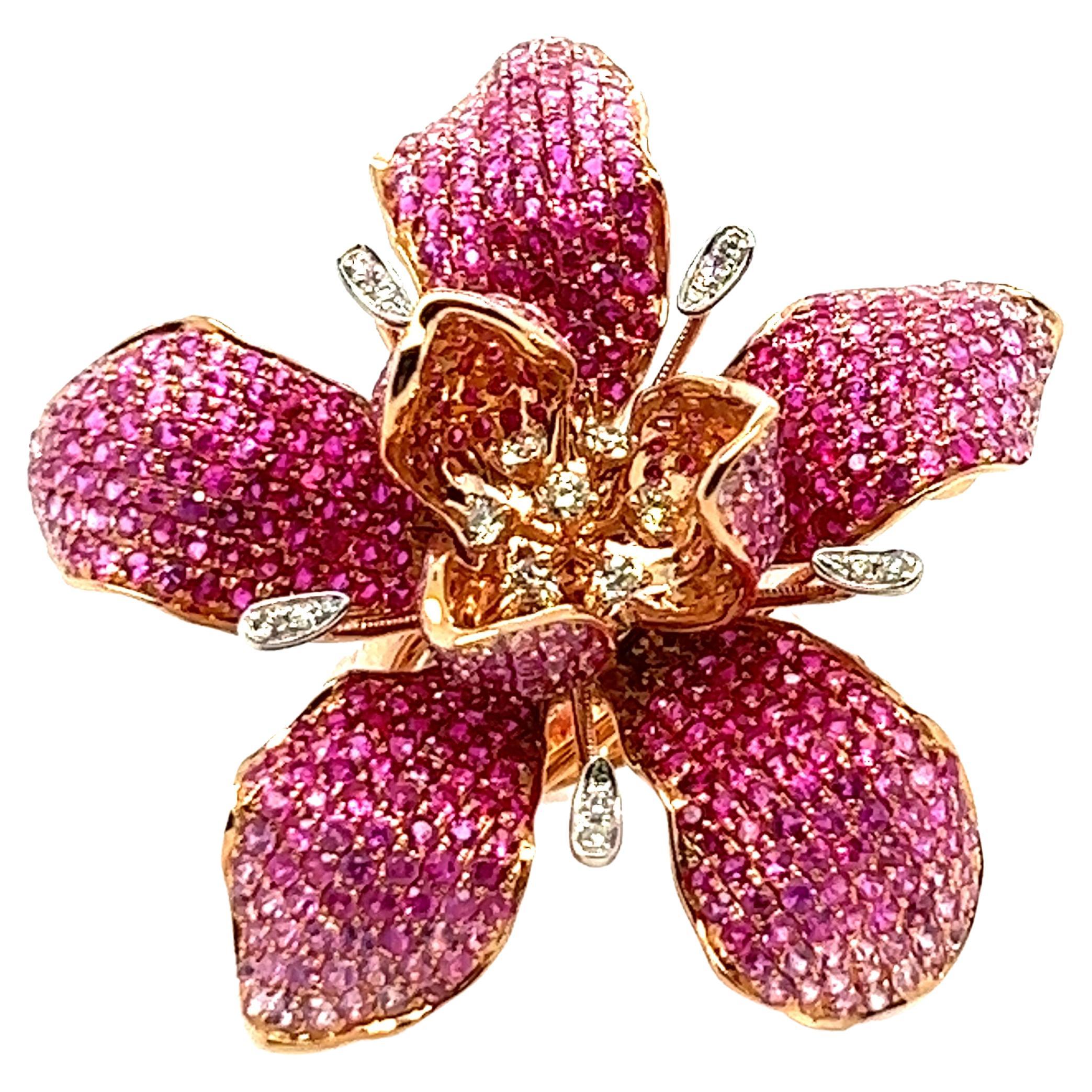 18K Gold Flower Collection Fuschia Gemstone Ring For Sale