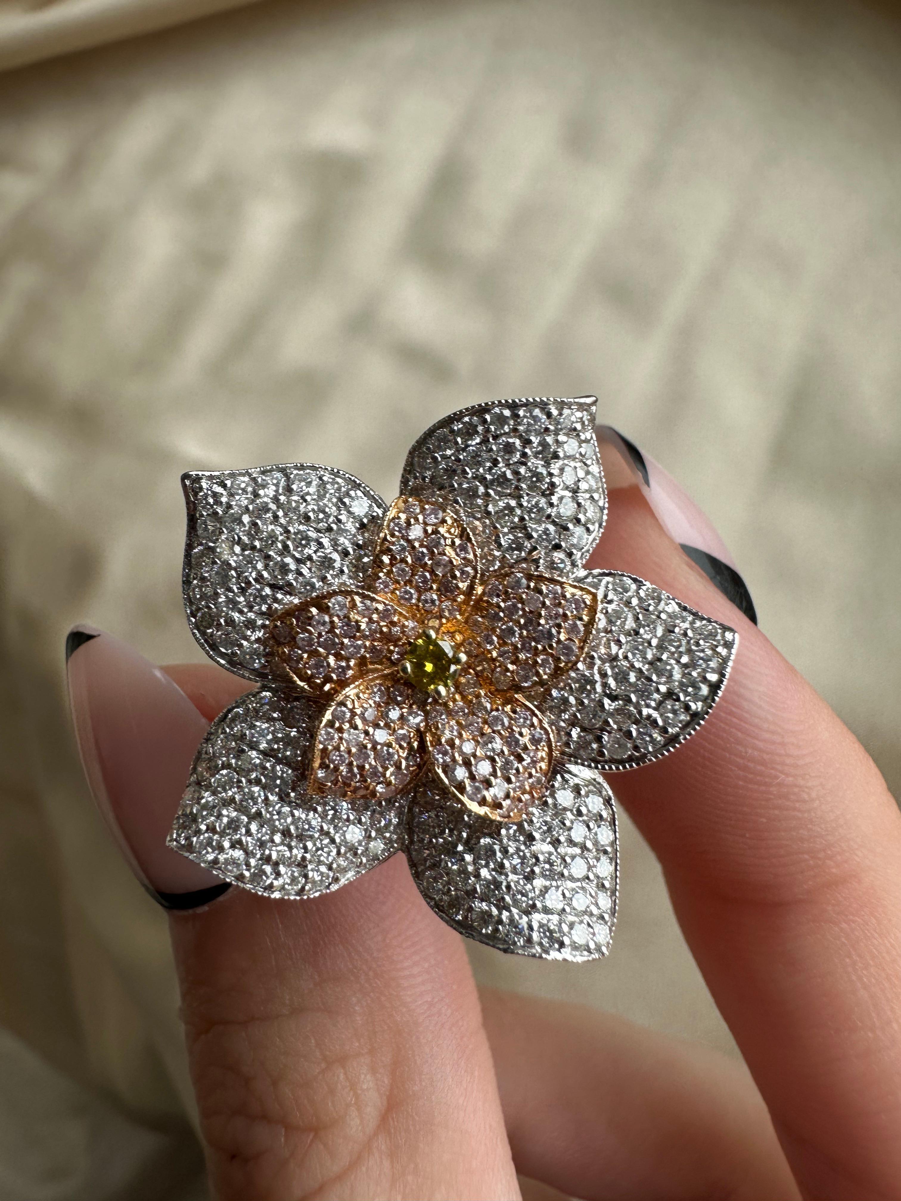 Anello da cocktail con diamante a fiore in oro 18K - Diamanti bianchi, rosa e gialli in vendita 1