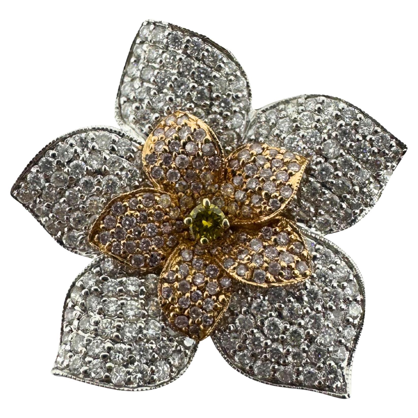 18K Gold Flower Diamond Cocktail Ring – White, Pink & Yellow Diamonds