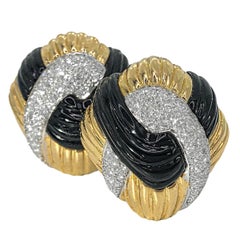 18K Gold, Fluted Onyx and Diamond Earrings