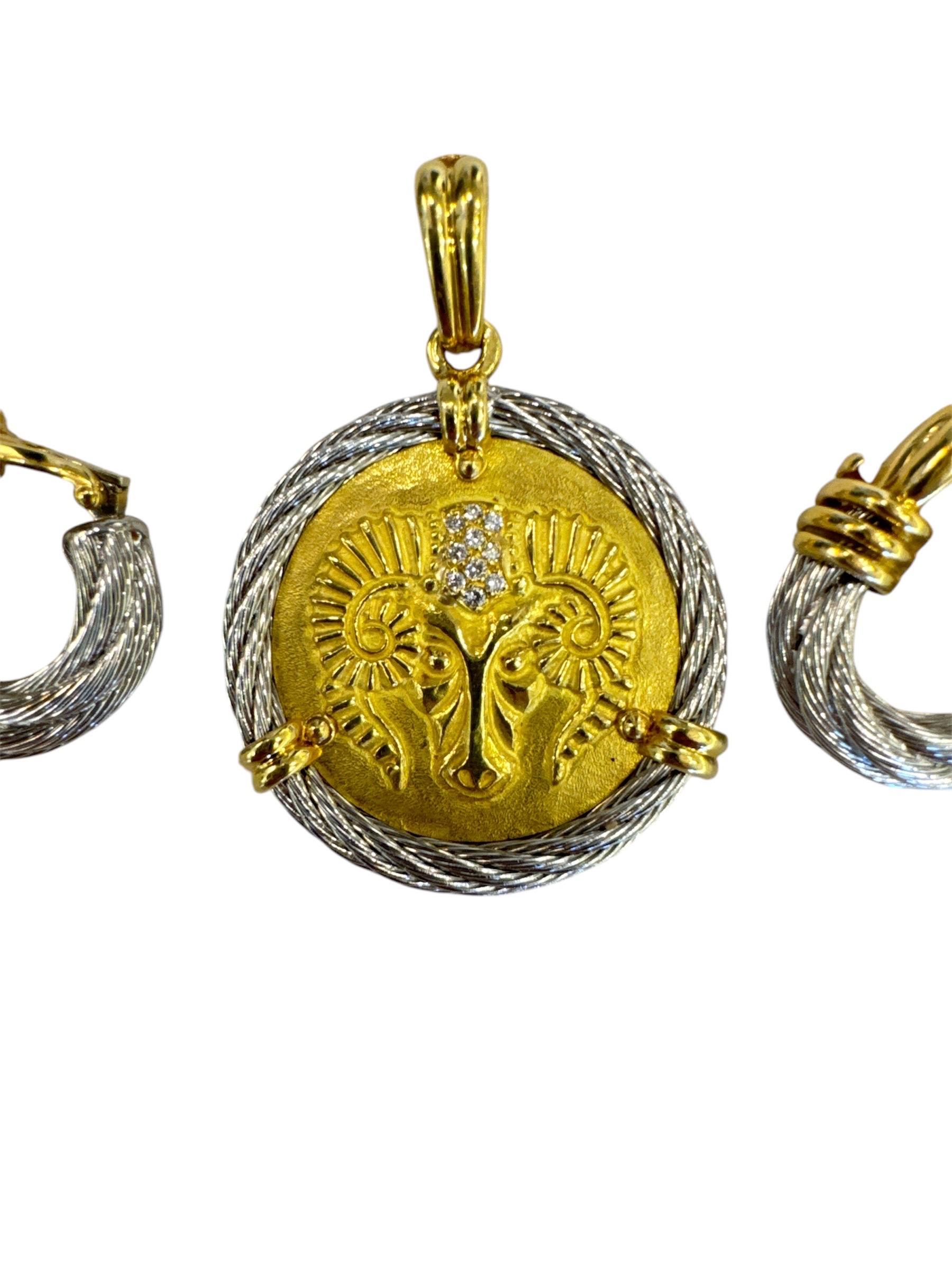 18K Gold -Force 10 Fred Paris Ram head pendant set with earrings In Excellent Condition For Sale In Tel Aviv, IL