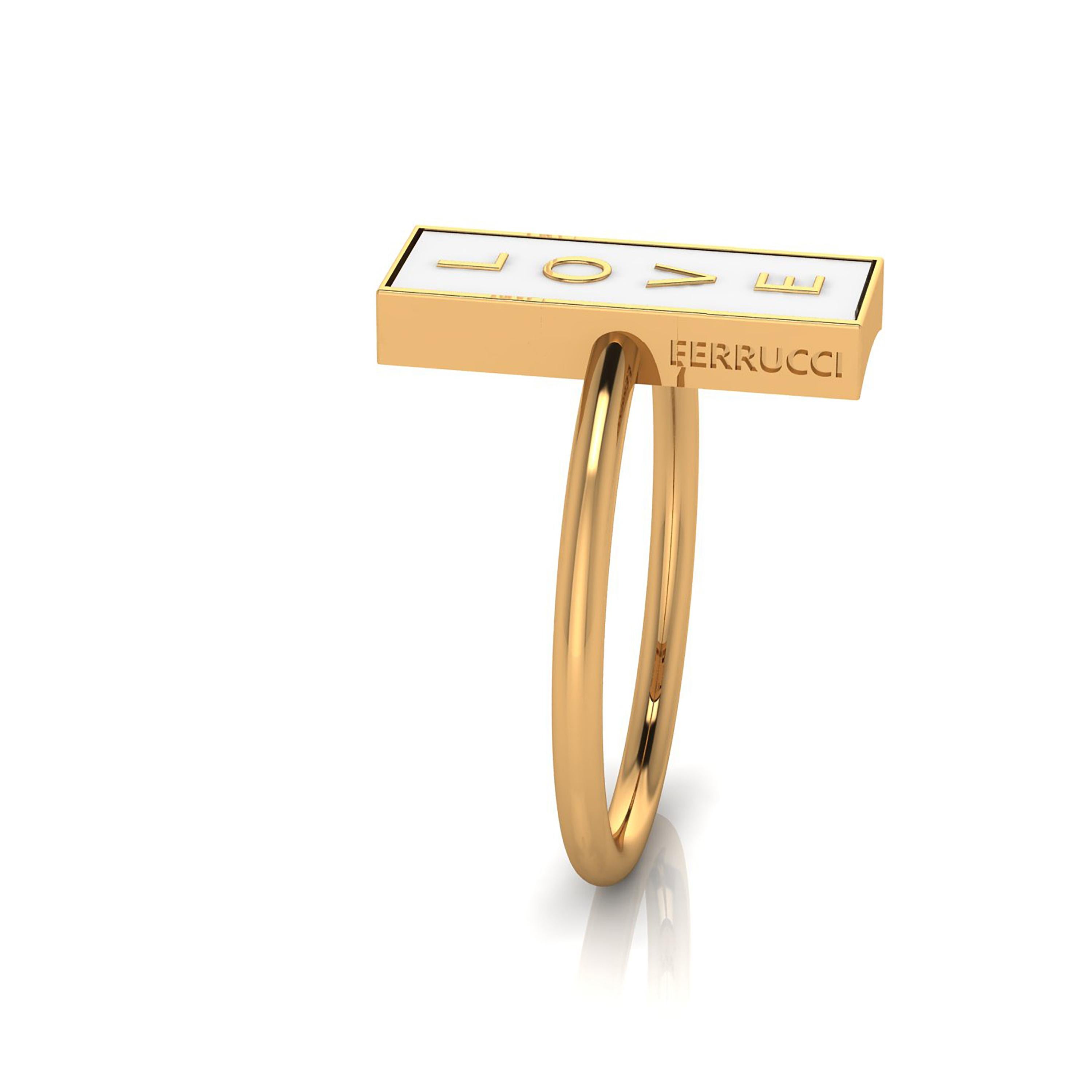 FERRUCCI The Love in white ring, conceived in 18k yellow gold, a new way to bring with you the classy, beautiful 18k yellow gold, everlasting in time, modern and bold shapes combined to create everlasting Love.
Size 6, complimentary sizing and