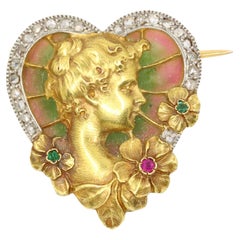 18K Gold French Art Nouveau Gold Muti-Gems Enamel Brooch