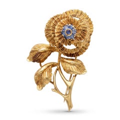 18k Gold French Flower Sapphire Brooch
