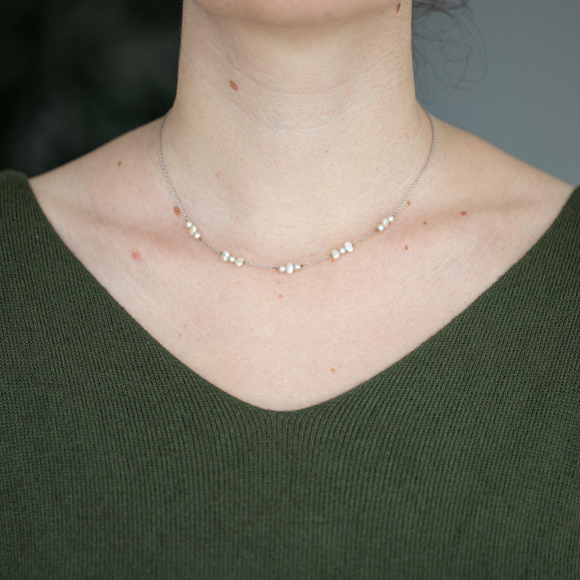 18k gold - French white gold pearl Necklace - Birthstone April - Thin chain 4