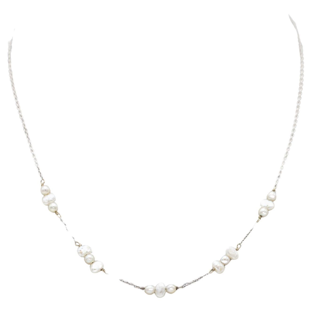 18k gold - French white gold pearl Necklace - Birthstone April - Thin chain