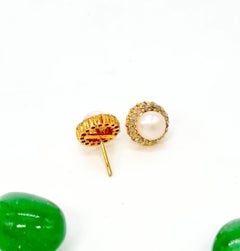 Freshwater Pearl and Diamond Halo Stud Silver Earrings
