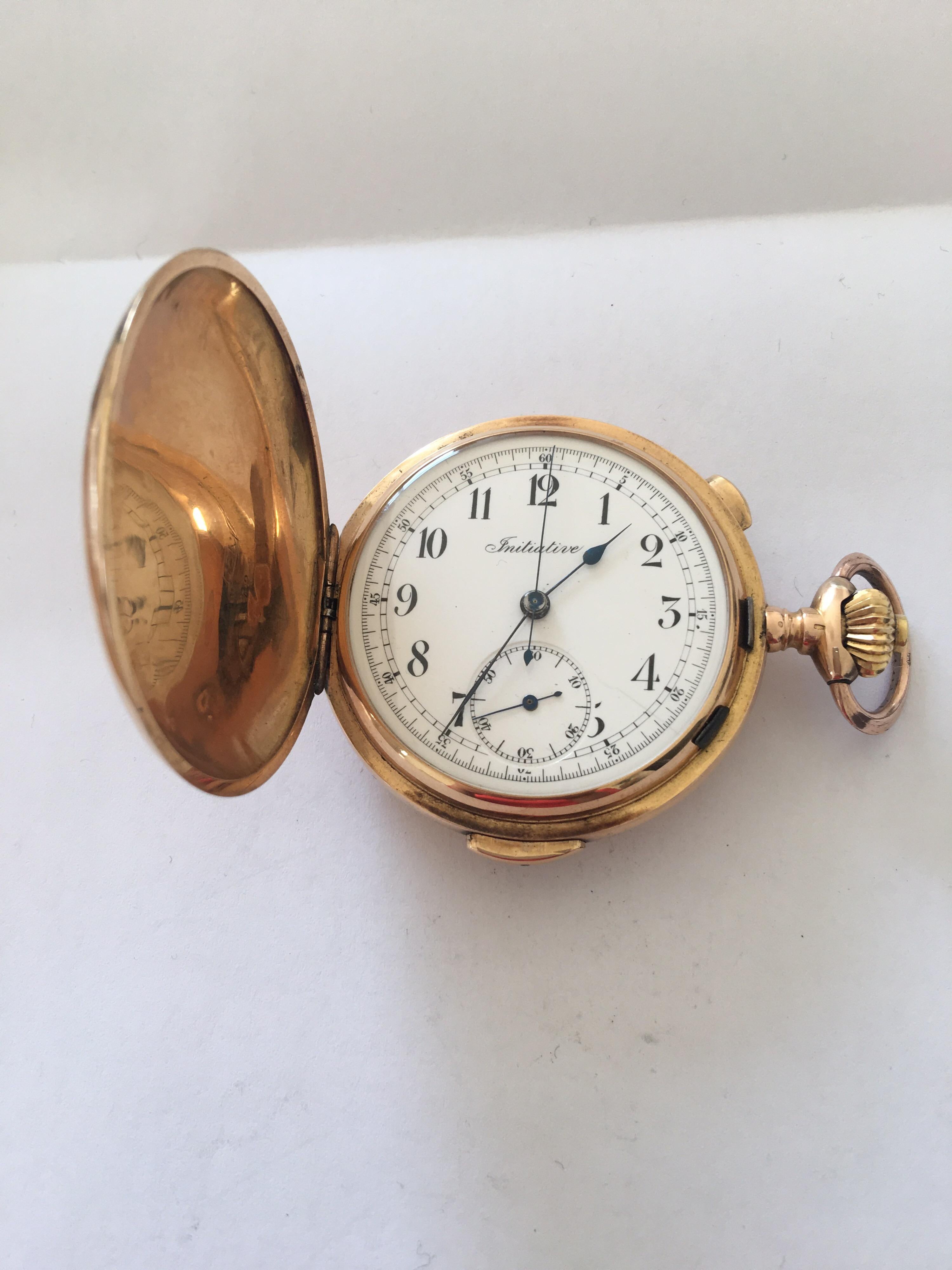 18k Gold Full Hunter Quarter Repeater Chronograph Pocket Watch Signed Initiative 4