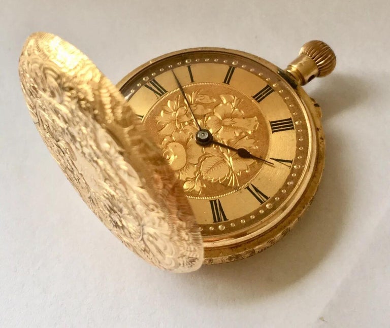 18 Karat Gold Fully Engraved Case Antique Small Pocket 'Fob' Watch For