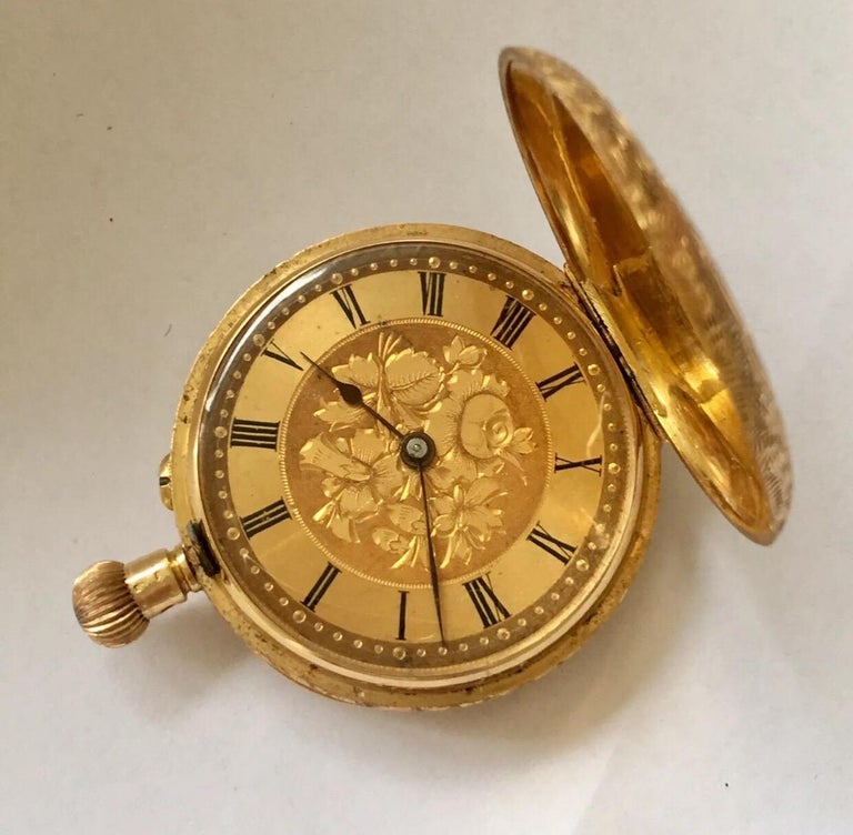 18 Karat Gold Fully Engraved Case Antique Small Pocket 'Fob' Watch For