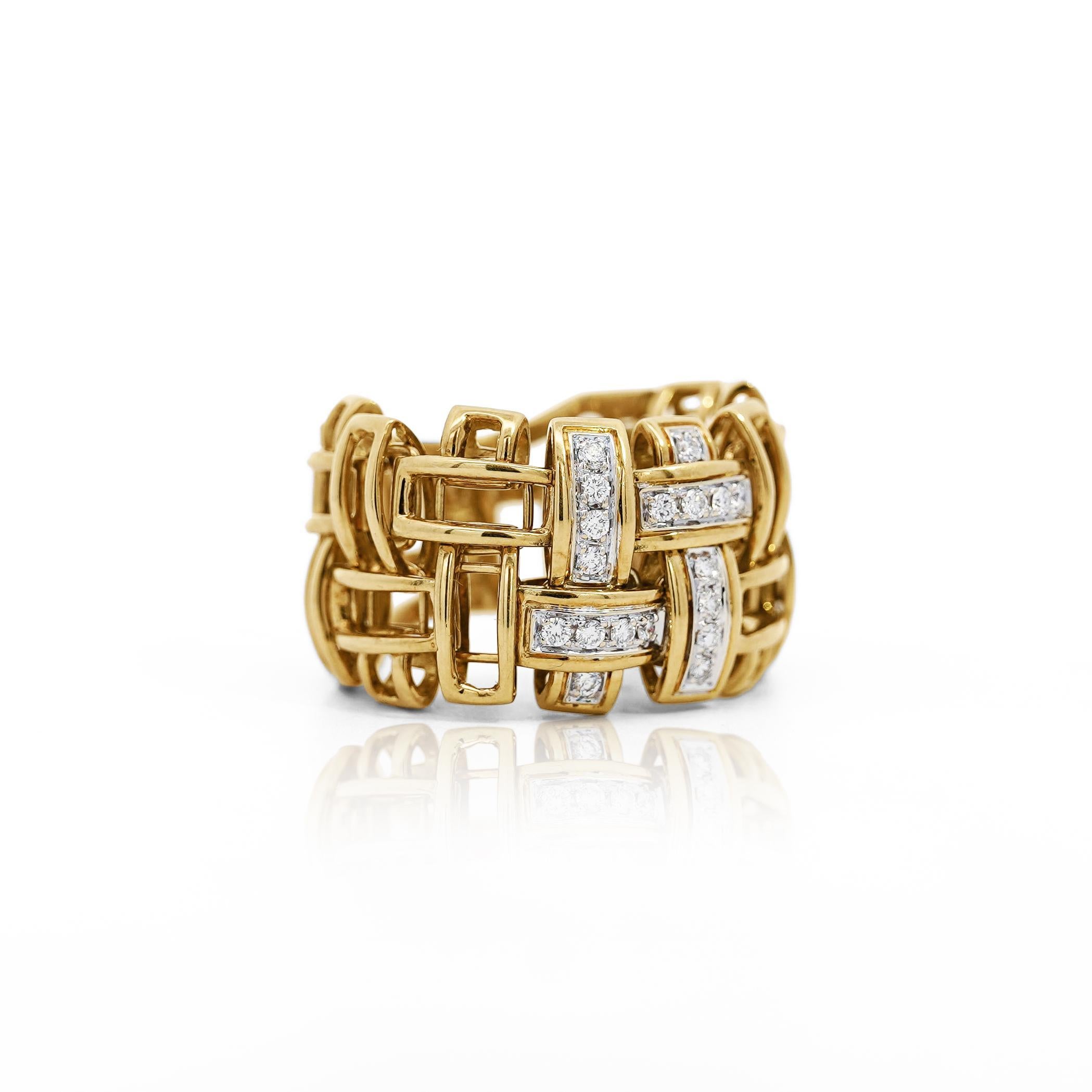 18K Gold Garavelli Signed Men's Italian Diamond Cage Link Ring For Sale 5