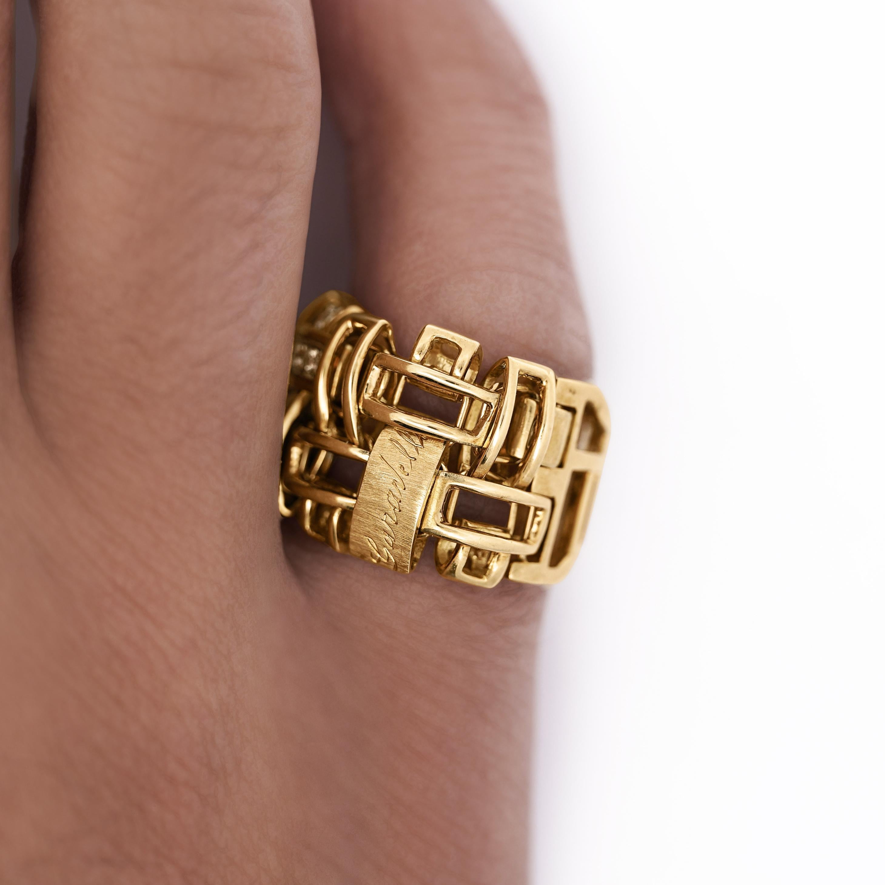 18K Gold Garavelli Signed Men's Italian Diamond Cage Link Ring For Sale 1