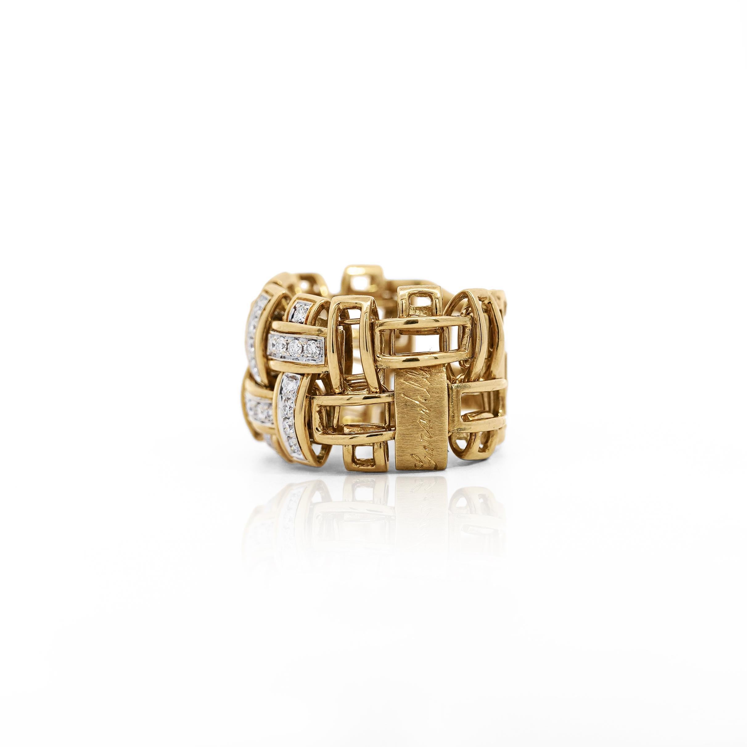 18K Gold Garavelli Signed Men's Italian Diamond Cage Link Ring For Sale 2