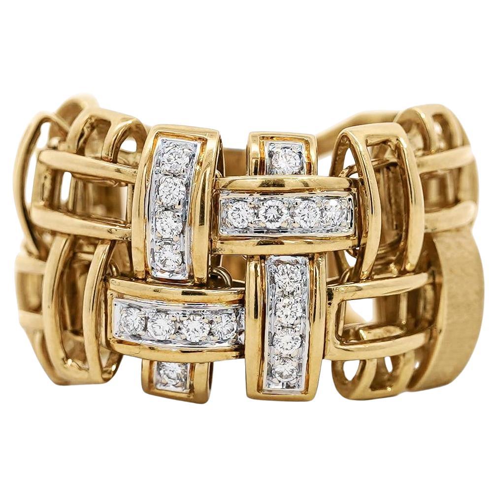 18K Gold Garavelli Signed Men's Italian Diamond Cage Link Ring For Sale