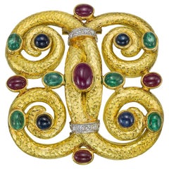 18 Karat Gold Gem-Set Scrolled Quatrefoil Brooch