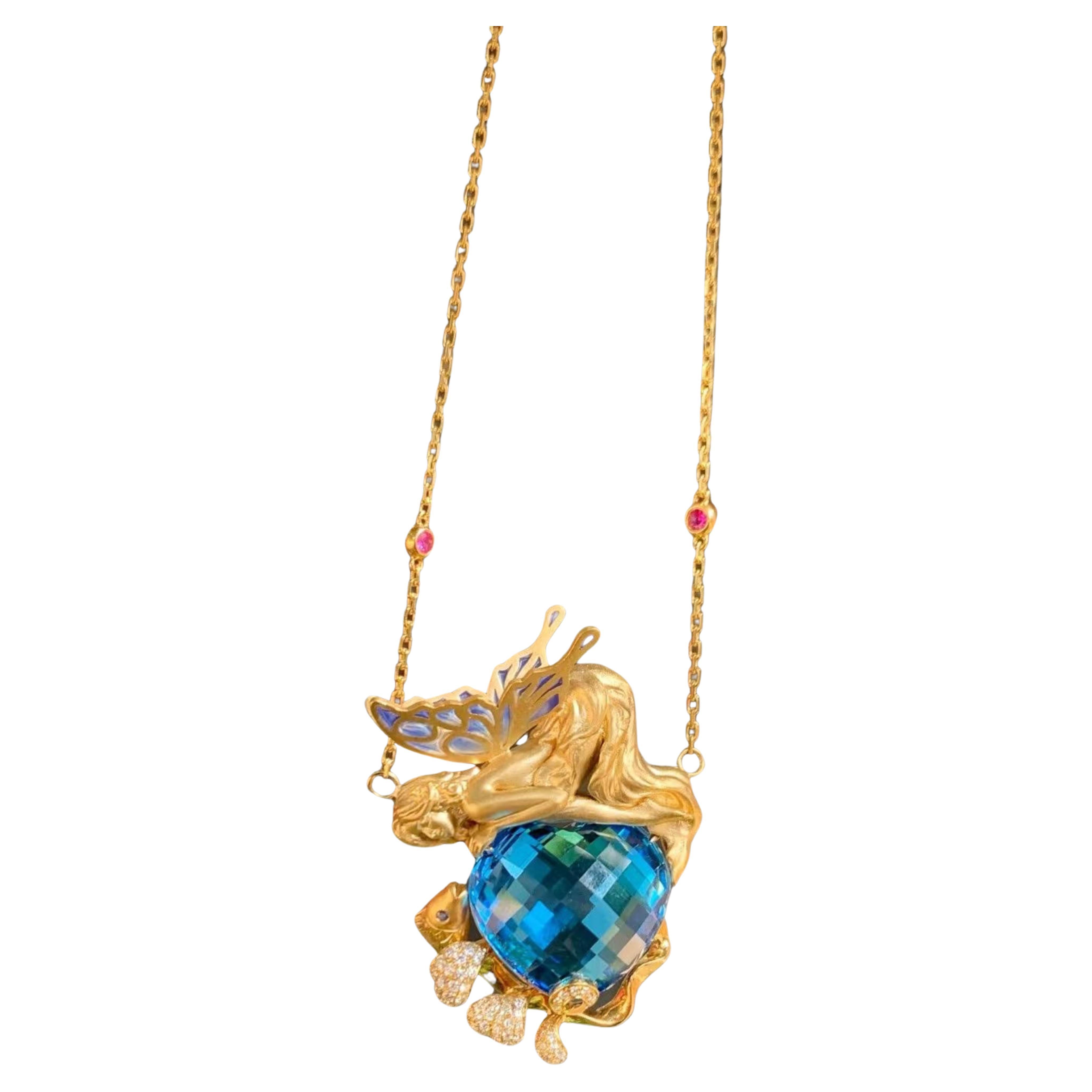 26.13 Carat Heart-Shaped Topaz 'Fairy on the Lake' Collection Diamond Necklace