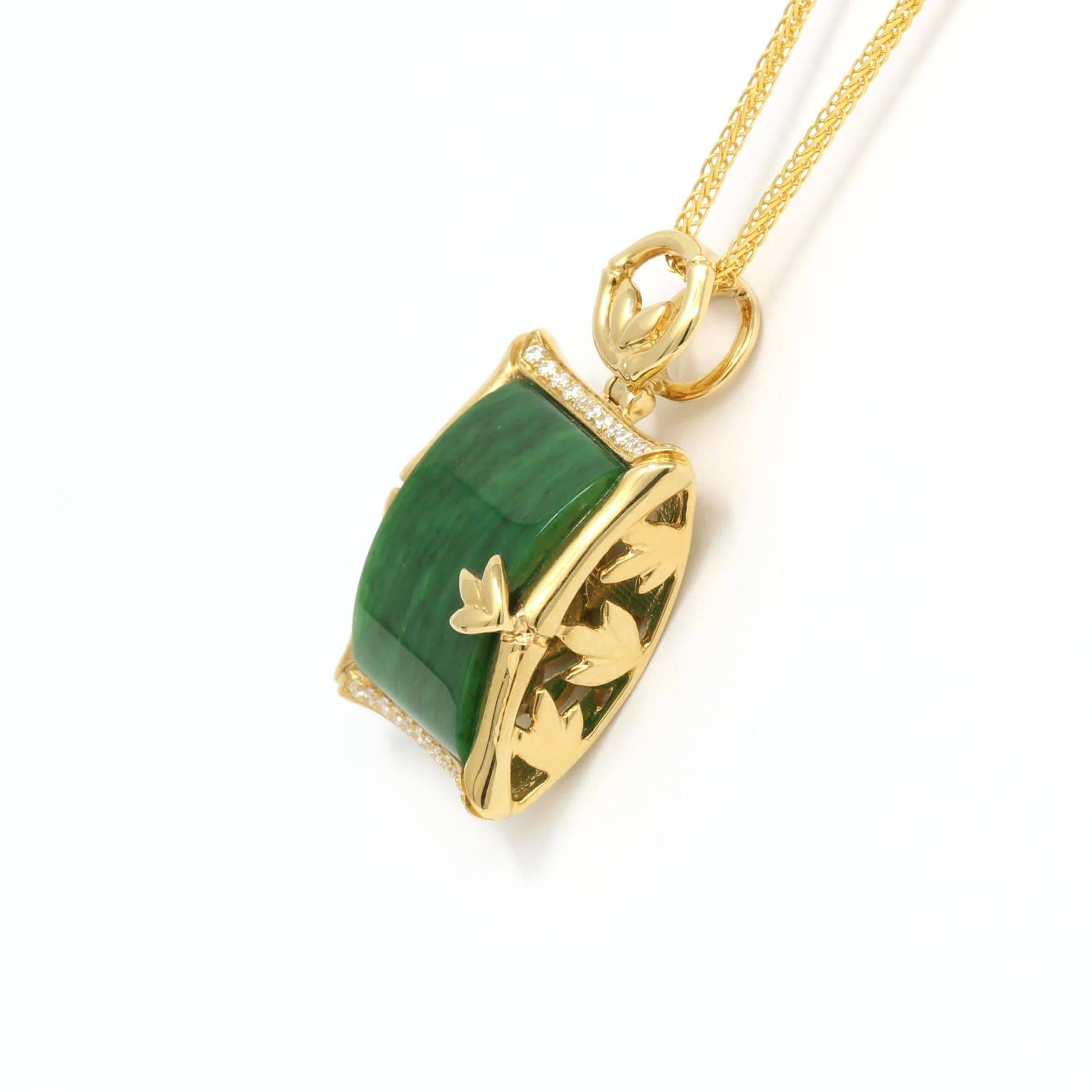Artist 18k Gold Genuine Burmese Jadeite Bamboo Pendant Necklace with Diamonds For Sale