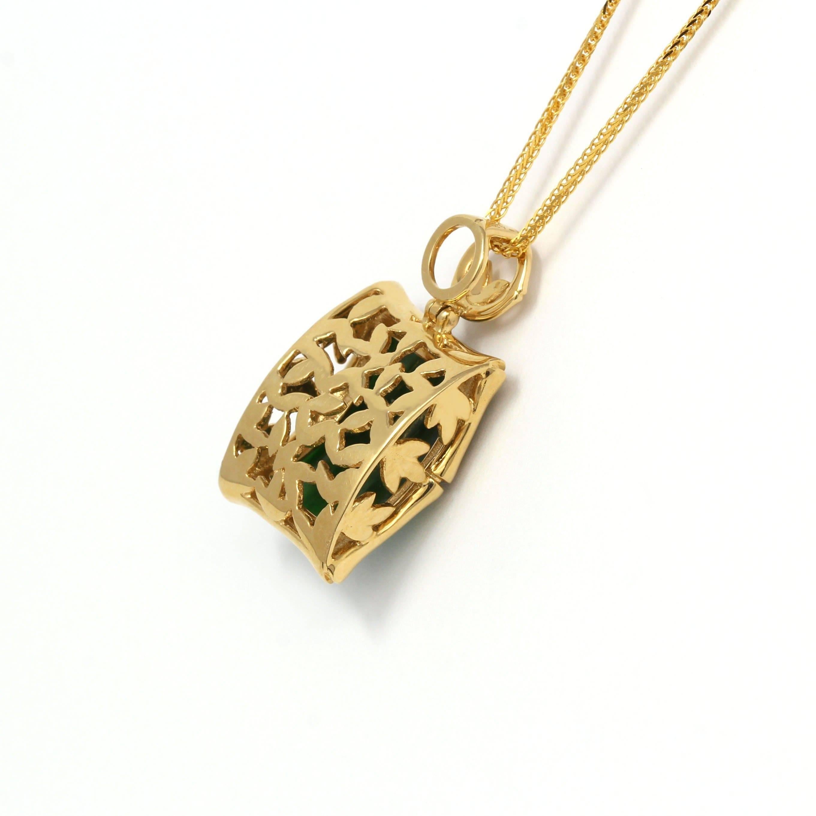 Women's or Men's 18k Gold Genuine Burmese Jadeite Bamboo Pendant Necklace with Diamonds For Sale