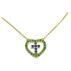 18k Gold Genuine Emerald and Blue Sapphire Necklace Cross in Heart Necklace