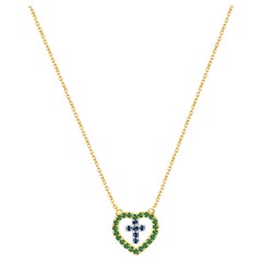 18k Gold Genuine Emerald and Blue Sapphire Necklace Cross in Heart Necklace