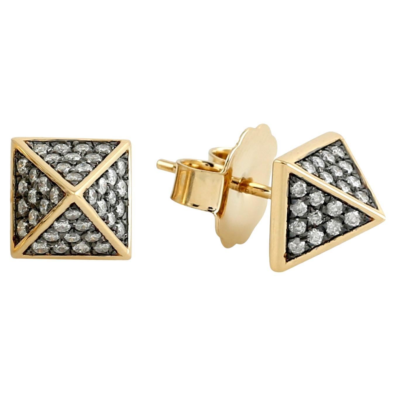 18K Gold Geometric Pavé Diamond Modern Minimalist Stud Earrings For Sale