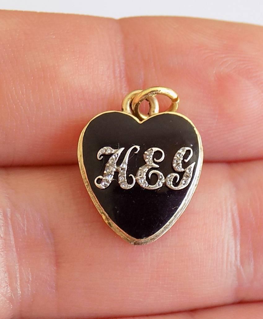 Women's 18K Gold Georgian Diamond Black Enamel Rose Cut Diamond HEG Heart Locket Pendant For Sale