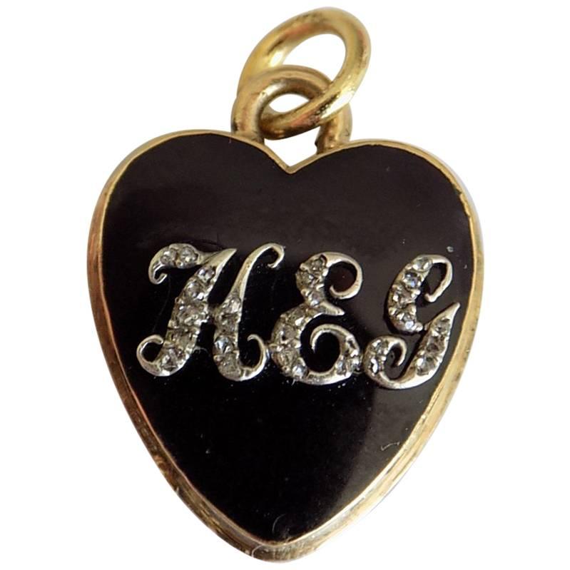 18K Gold Georgian Diamond Black Enamel Rose Cut Diamond HEG Heart Locket Pendant For Sale