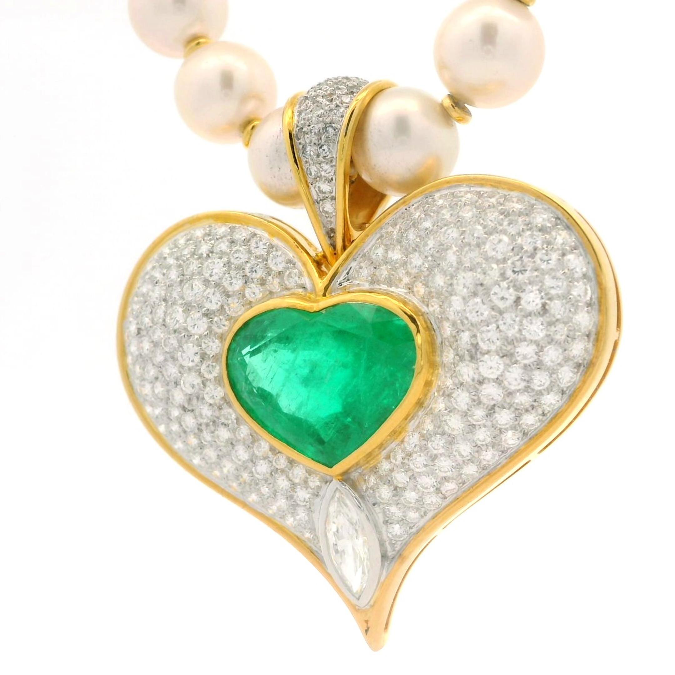 18 Karat Gold GIA 14,01 Karatw Smaragd Diamant Herzanhänger Anhänger Perlenkette im Angebot 5