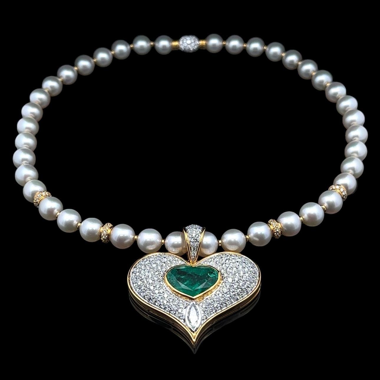 18 Karat Gold GIA 14,01 Karatw Smaragd Diamant Herzanhänger Anhänger Perlenkette im Angebot 7