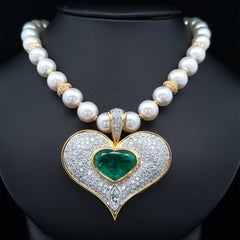 18k Gold GIA 14.01ctw Emerald Diamond Heart Enhancer Pendant Pearl Necklace