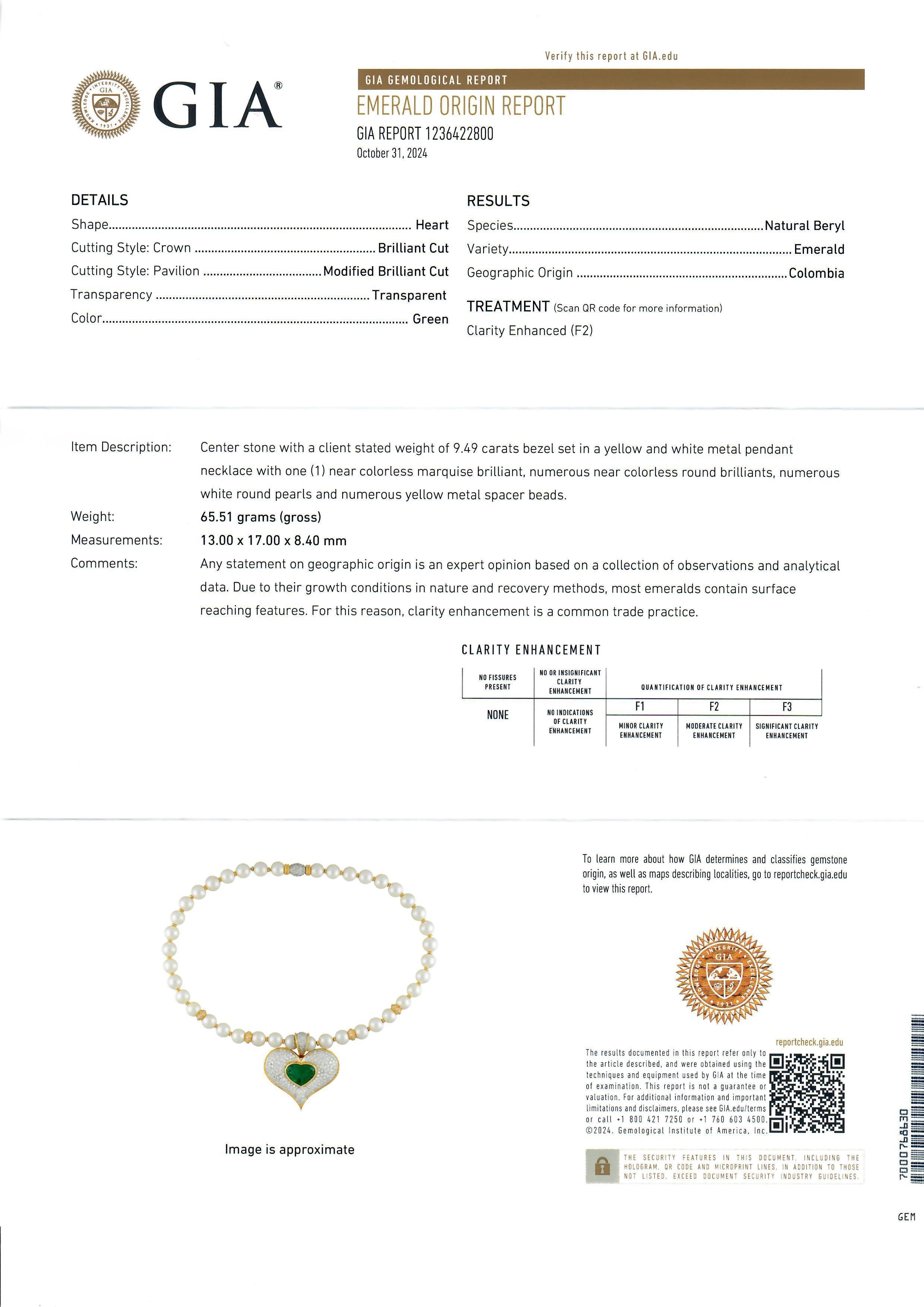 18 Karat Gold GIA 14,01 Karatw Smaragd Diamant Herzanhänger Anhänger Perlenkette Damen im Angebot