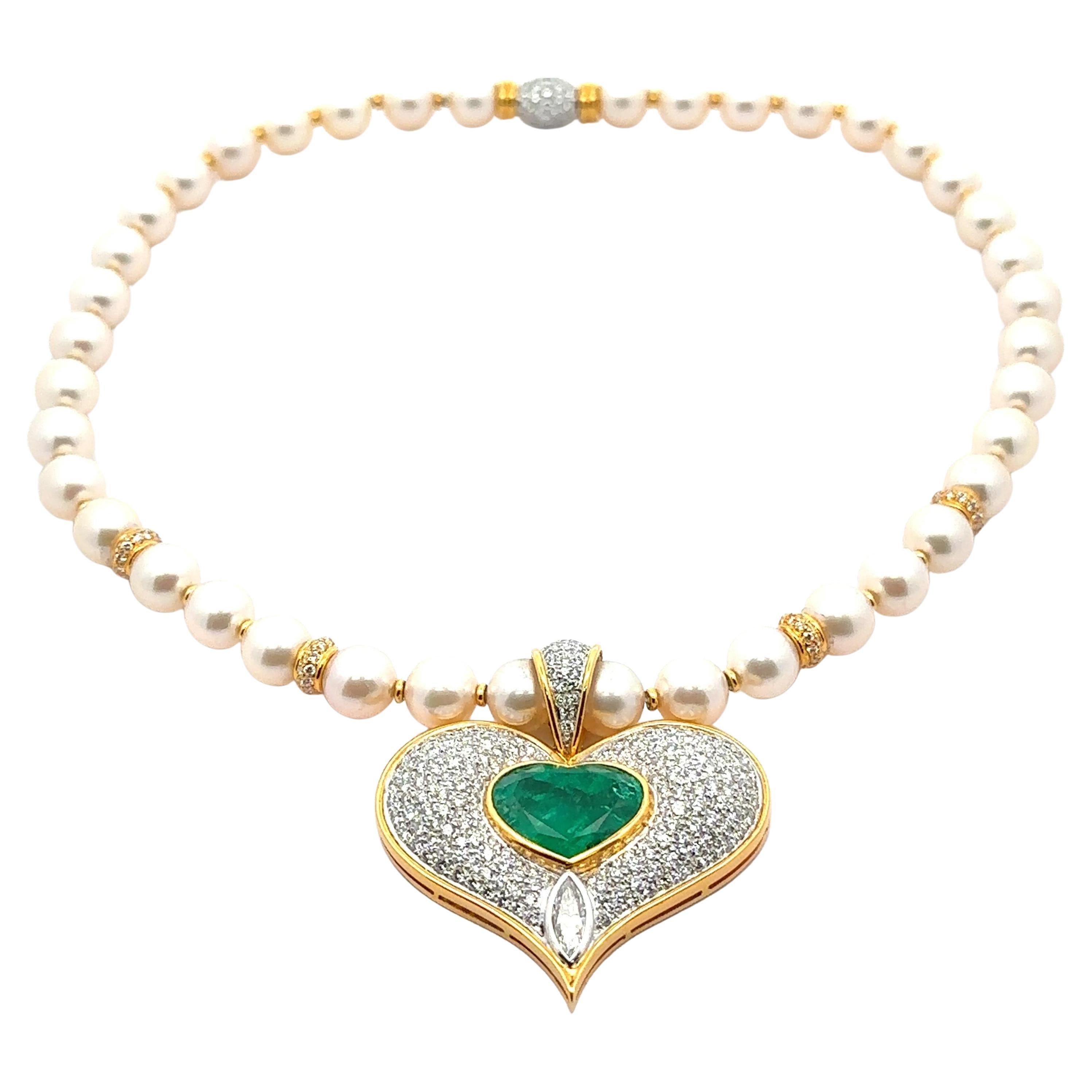 18k Gold GIA 14.01ctw Emerald Diamond Heart Enhancer Pendant Pearl Necklace
