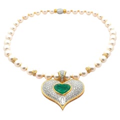 18k Gold GIA 14.01ctw Emerald Diamond Heart Enhancer Pendant Pearl Necklace