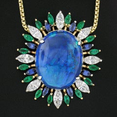 18k Gold GIA 19.49ct Oval Gray Opal Pendant w/ Diamond Sapphire & Emerald Spray