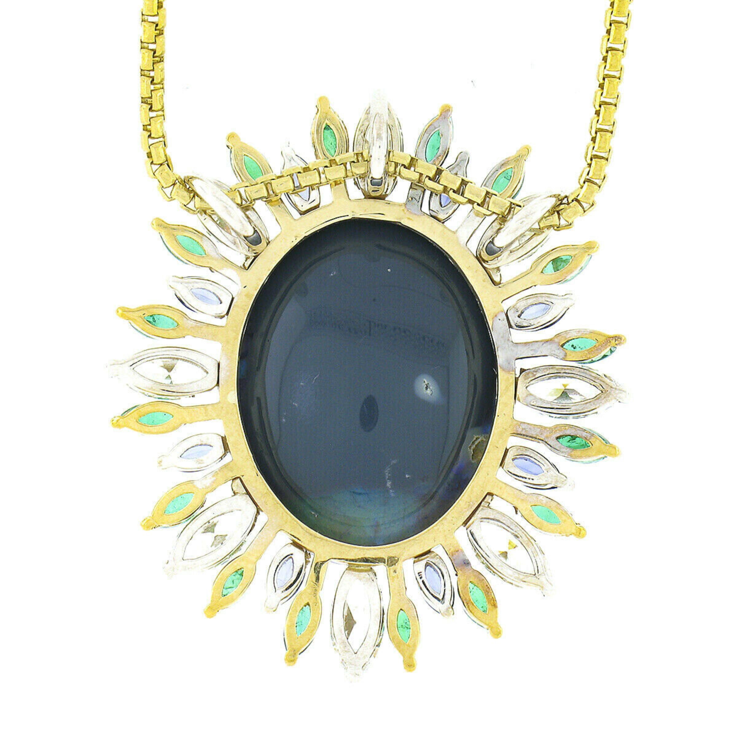 18k Gold GIA 19.49ct Oval Gray Opal Pendant w/ Diamond Sapphire & Emerald Spray For Sale 1
