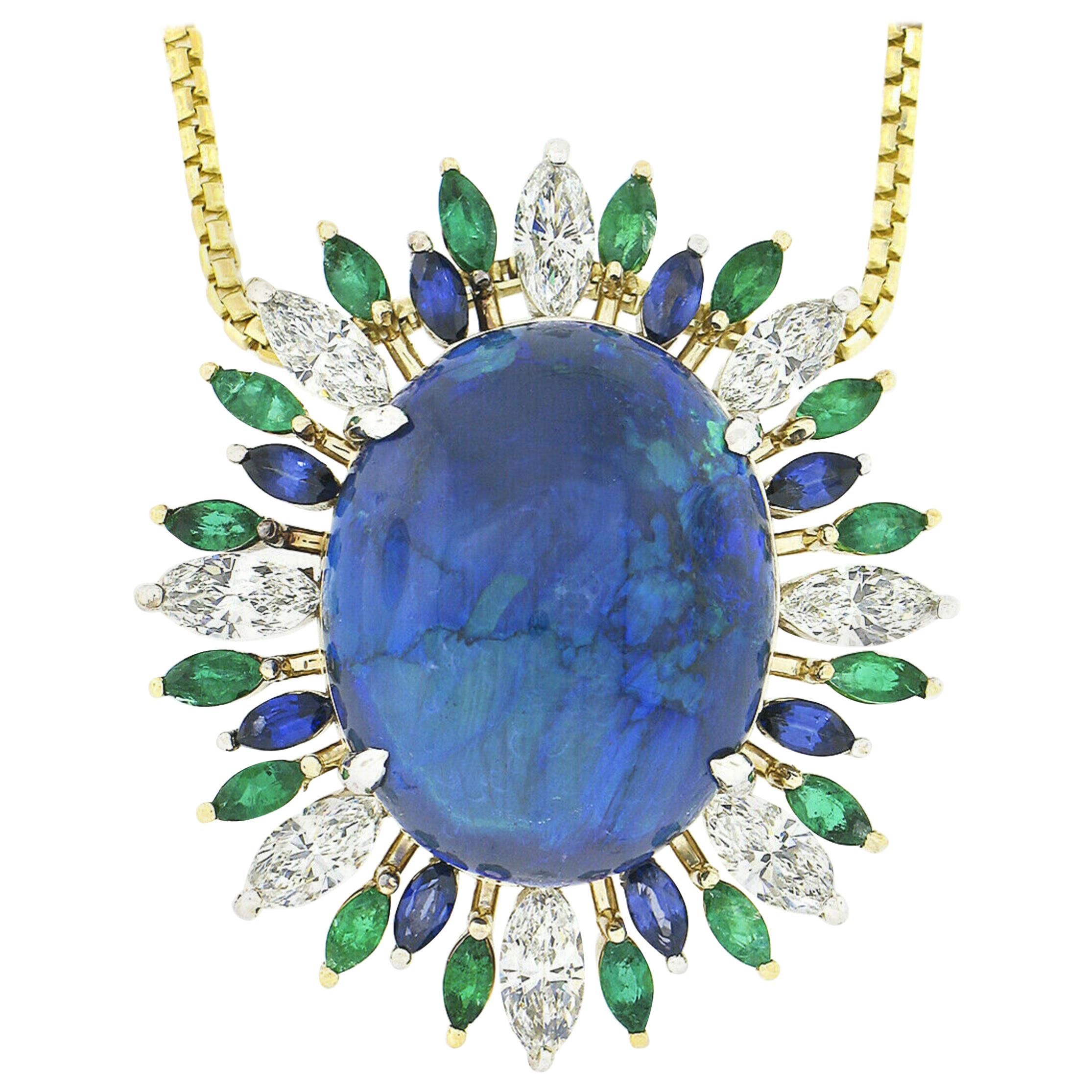 18k Gold GIA 19.49ct Oval Gray Opal Pendant w/ Diamond Sapphire & Emerald Spray For Sale