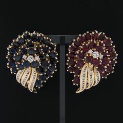 18K Gold GIA 20.65ctw Ruby Sapphire & Diamond Large Floral Statement Earrings