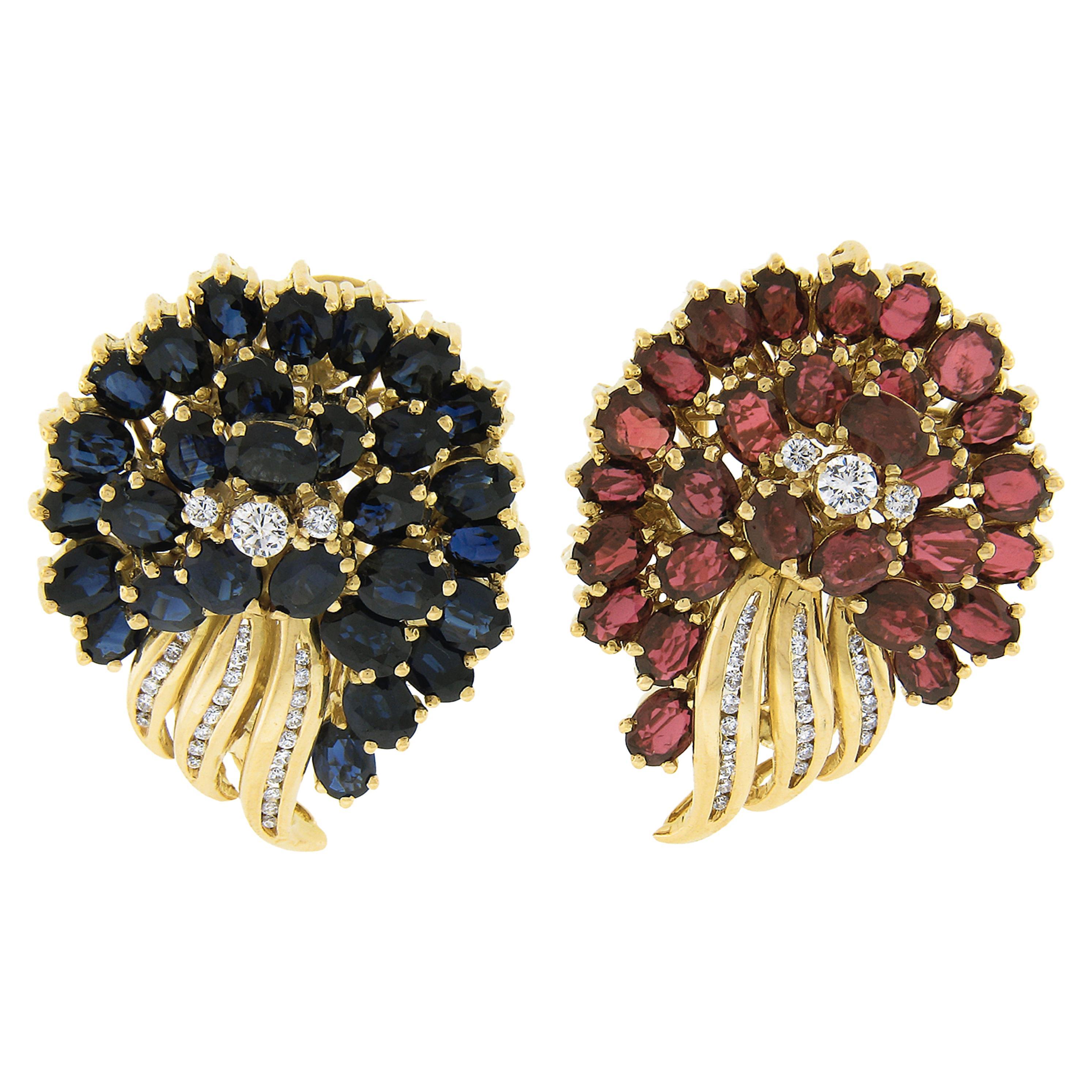 Boucles d'oreilles en or 18K GIA 20.65ctw Ruby Sapphire & Diamond Large Floral Statement Earrings