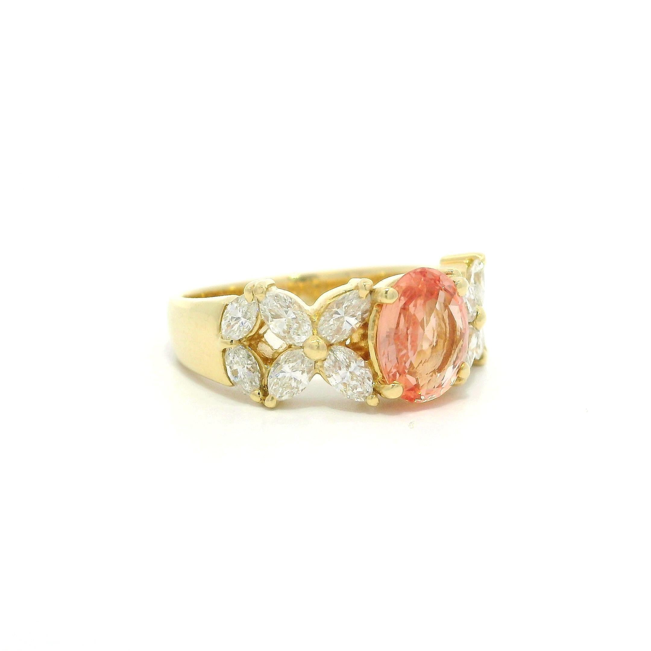 18k Gold GIA 2.18ctw No Heat Padparadscha Sapphire & Marquise Diamond Band Ring For Sale 5