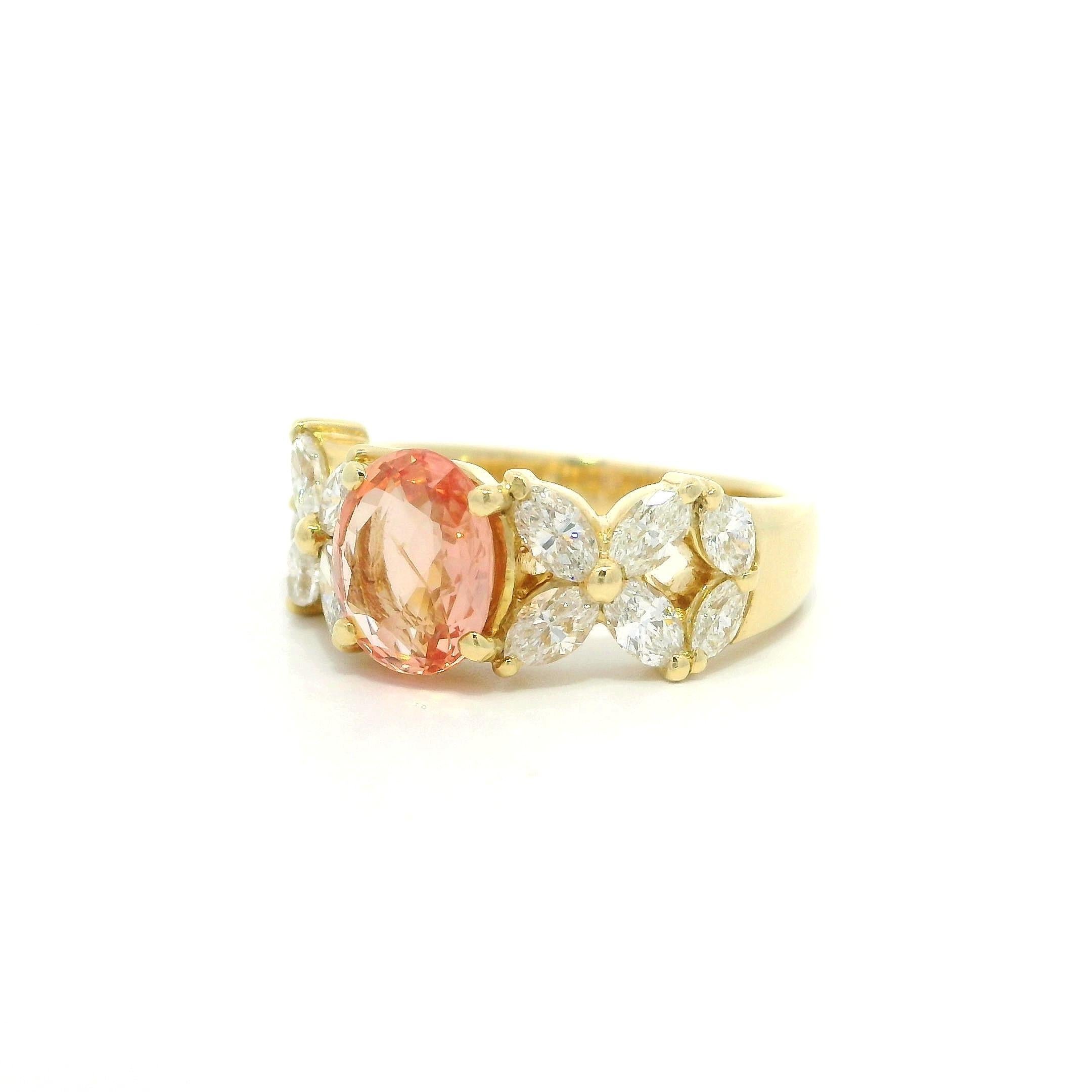 18k Gold GIA 2.18ctw No Heat Padparadscha Sapphire & Marquise Diamond Band Ring For Sale 6