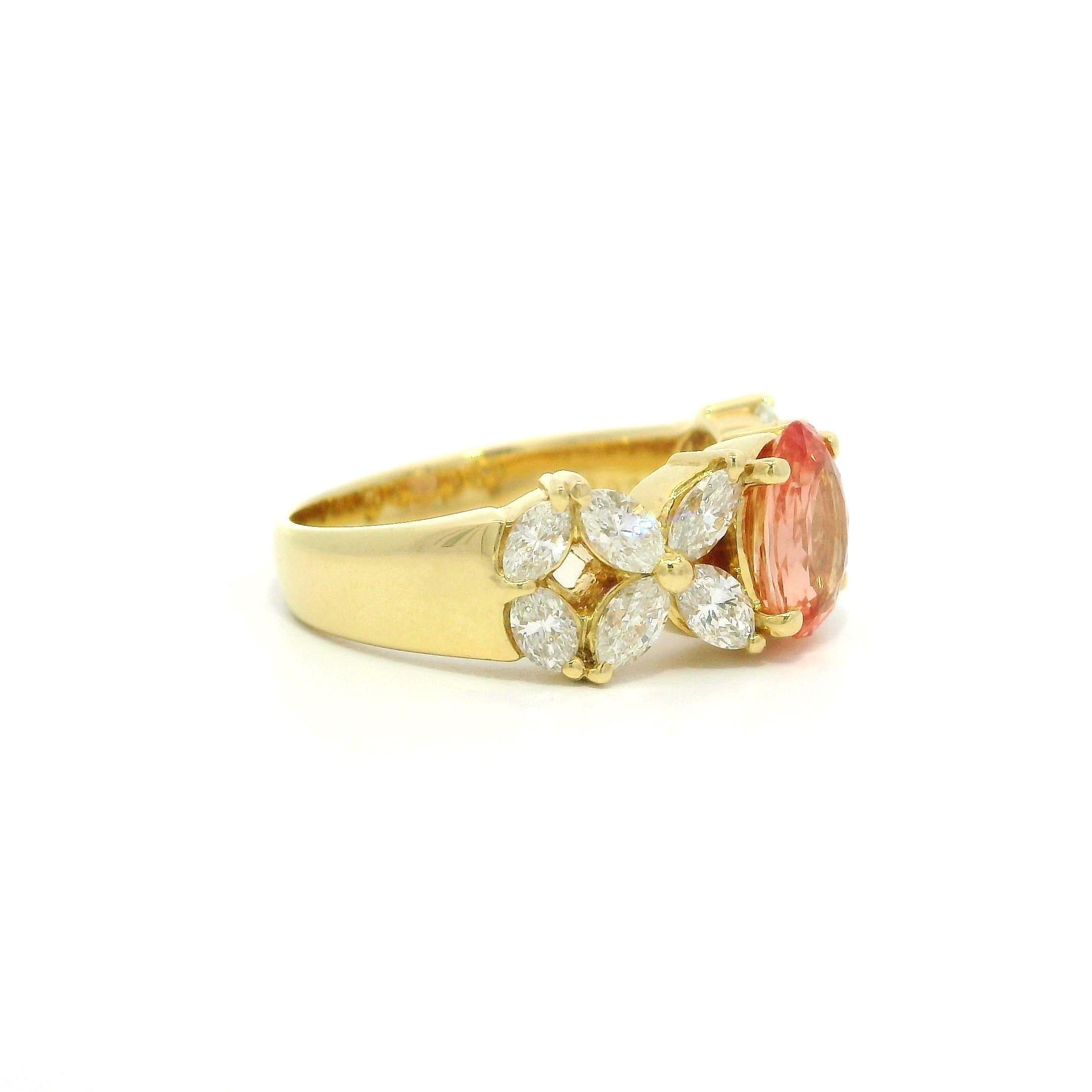 18k Gold GIA 2.18ctw No Heat Padparadscha Sapphire & Marquise Diamond Band Ring For Sale 8