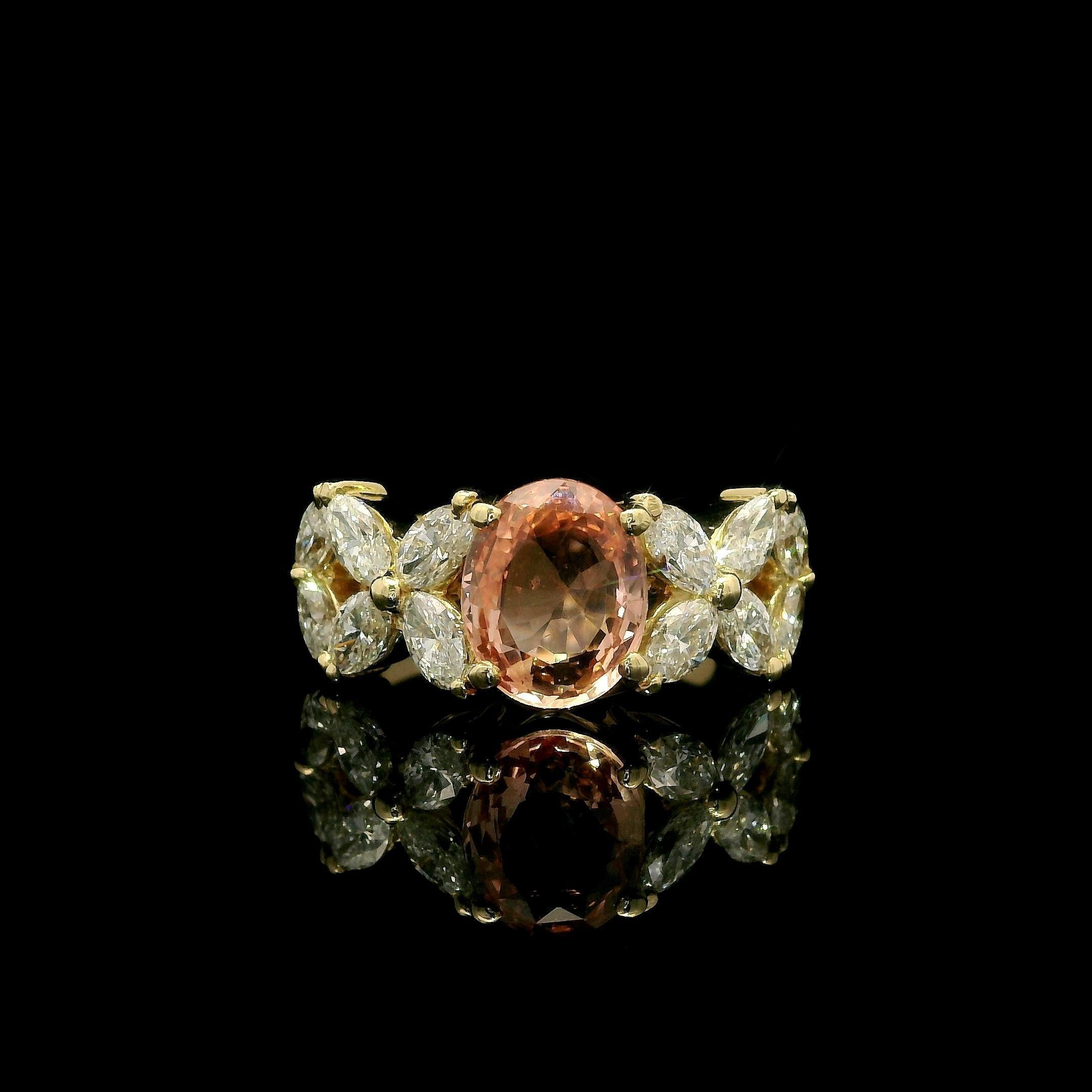 18k Gold GIA 2.18ctw No Heat Padparadscha Sapphire & Marquise Diamond Band Ring In Excellent Condition For Sale In Montclair, NJ