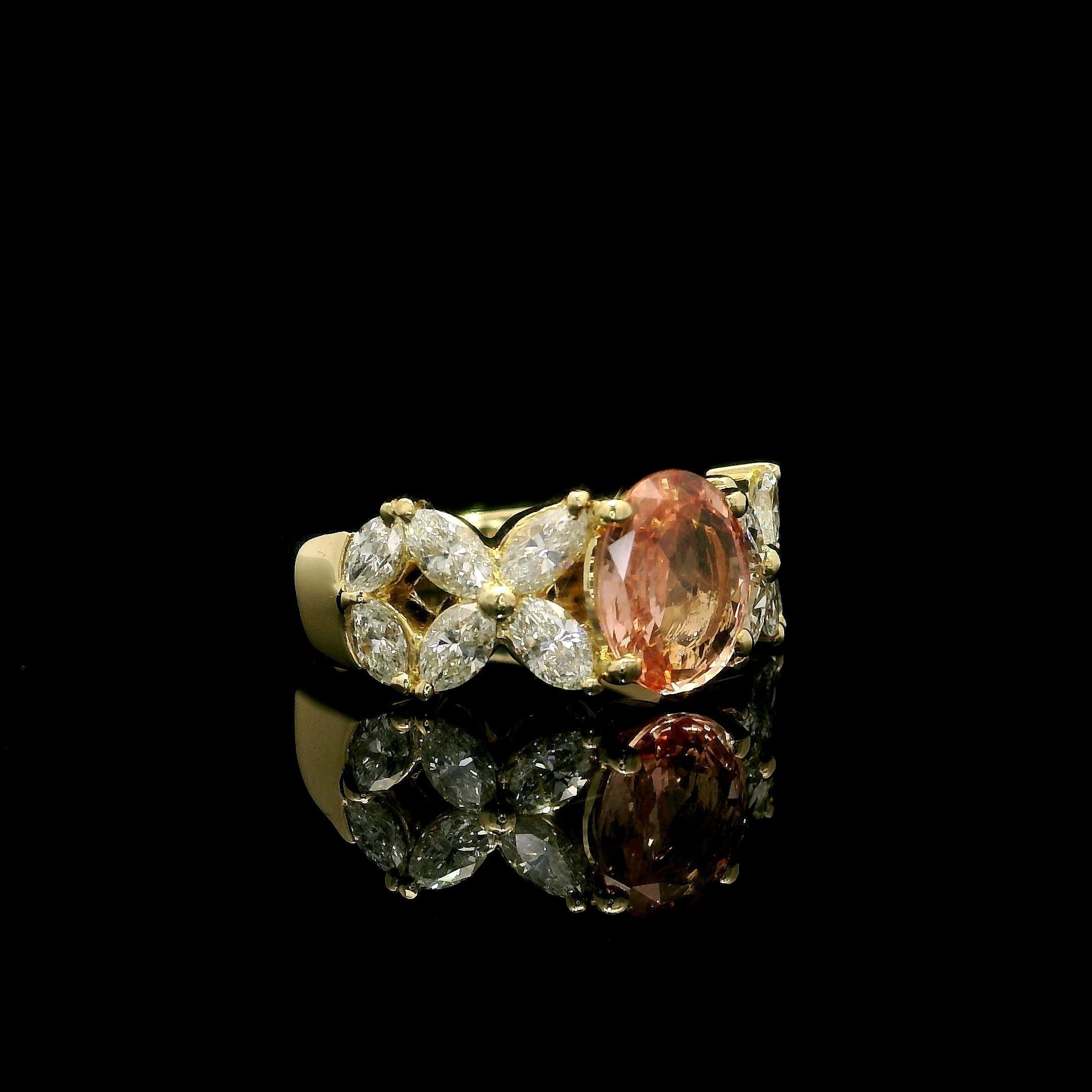 Women's 18k Gold GIA 2.18ctw No Heat Padparadscha Sapphire & Marquise Diamond Band Ring For Sale