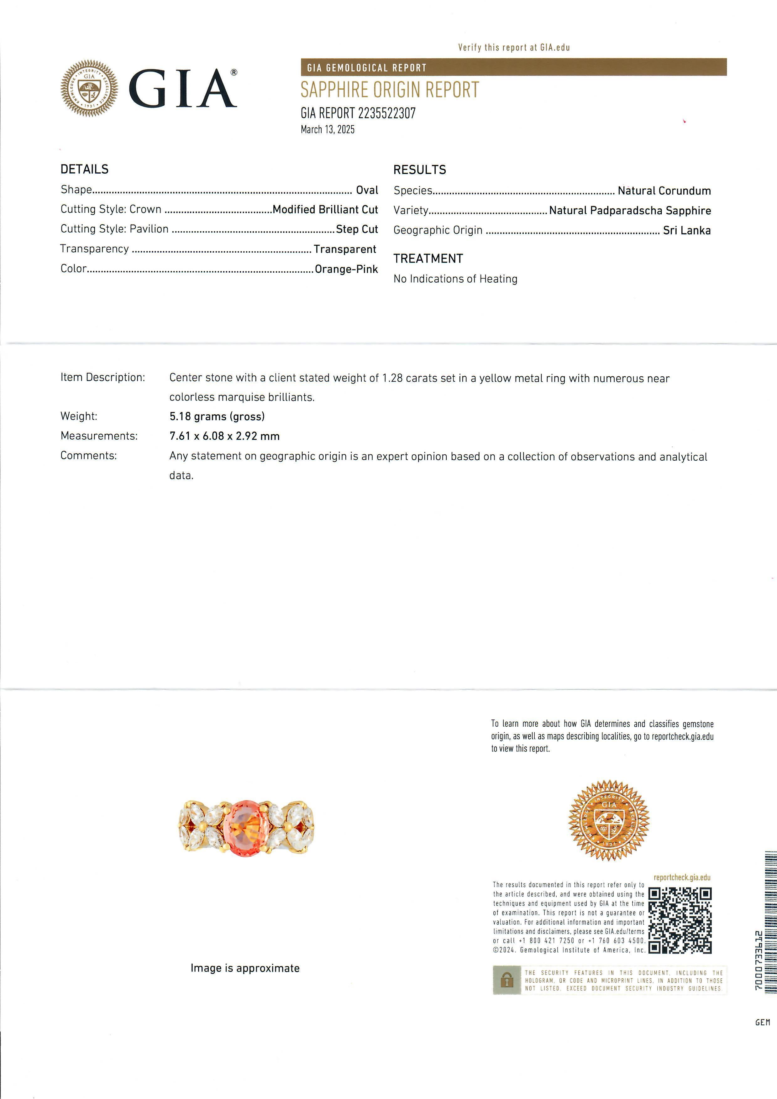 18k Gold GIA 2.18ctw No Heat Padparadscha Sapphire & Marquise Diamond Band Ring For Sale 2