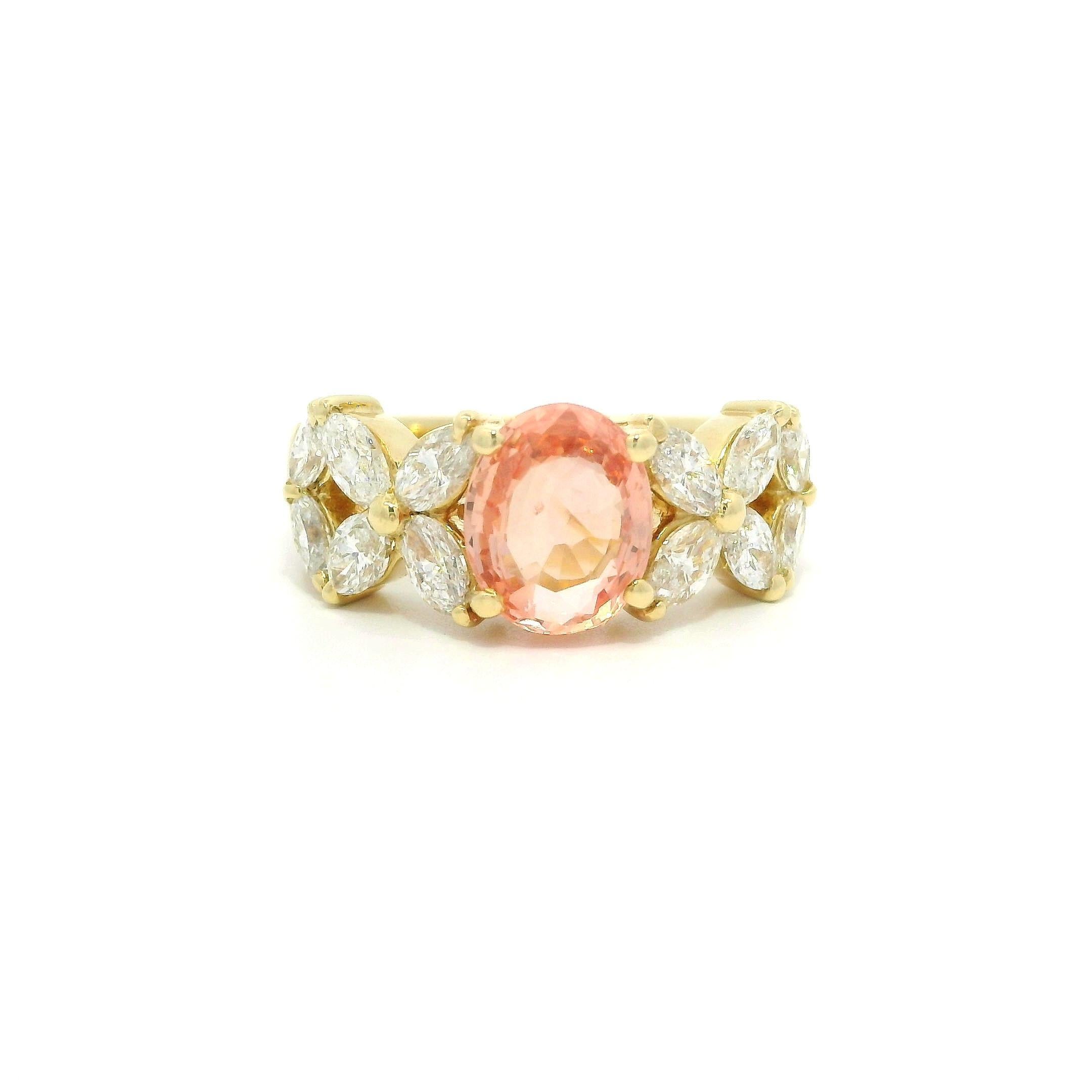 18k Gold GIA 2.18ctw No Heat Padparadscha Sapphire & Marquise Diamond Band Ring
