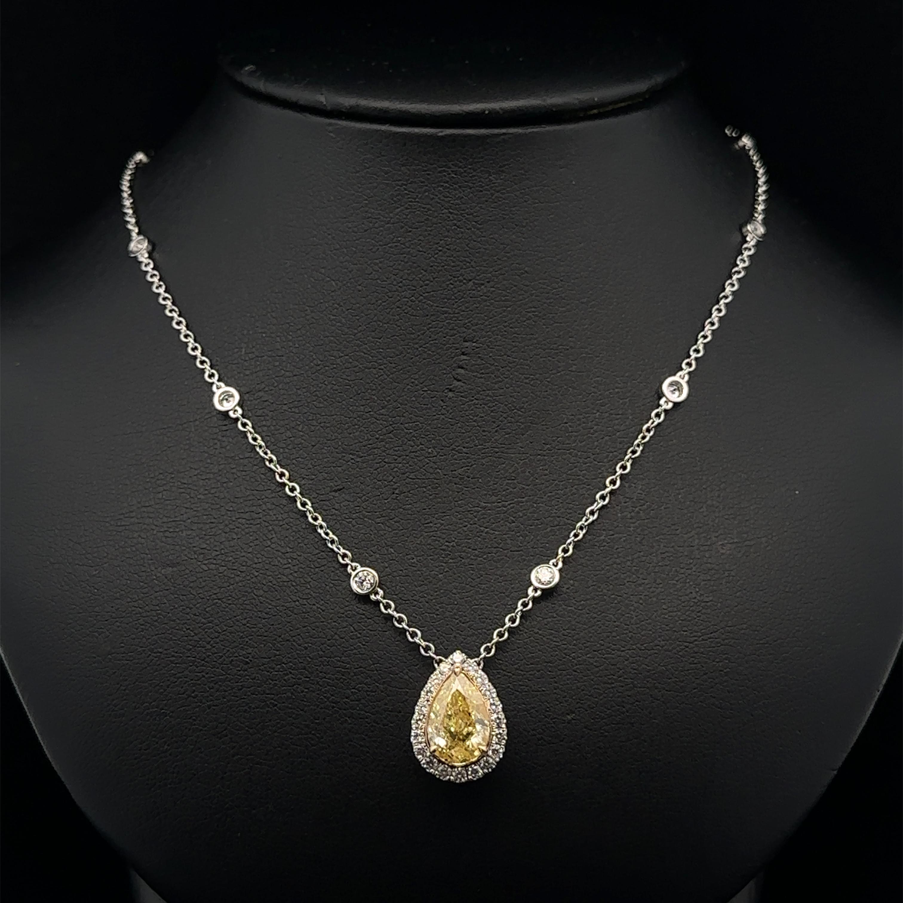 18k Gold GIA 2.70ctw Fancy Yellow Pear Diamond Tear Drop Pendant Necklace For Sale 5