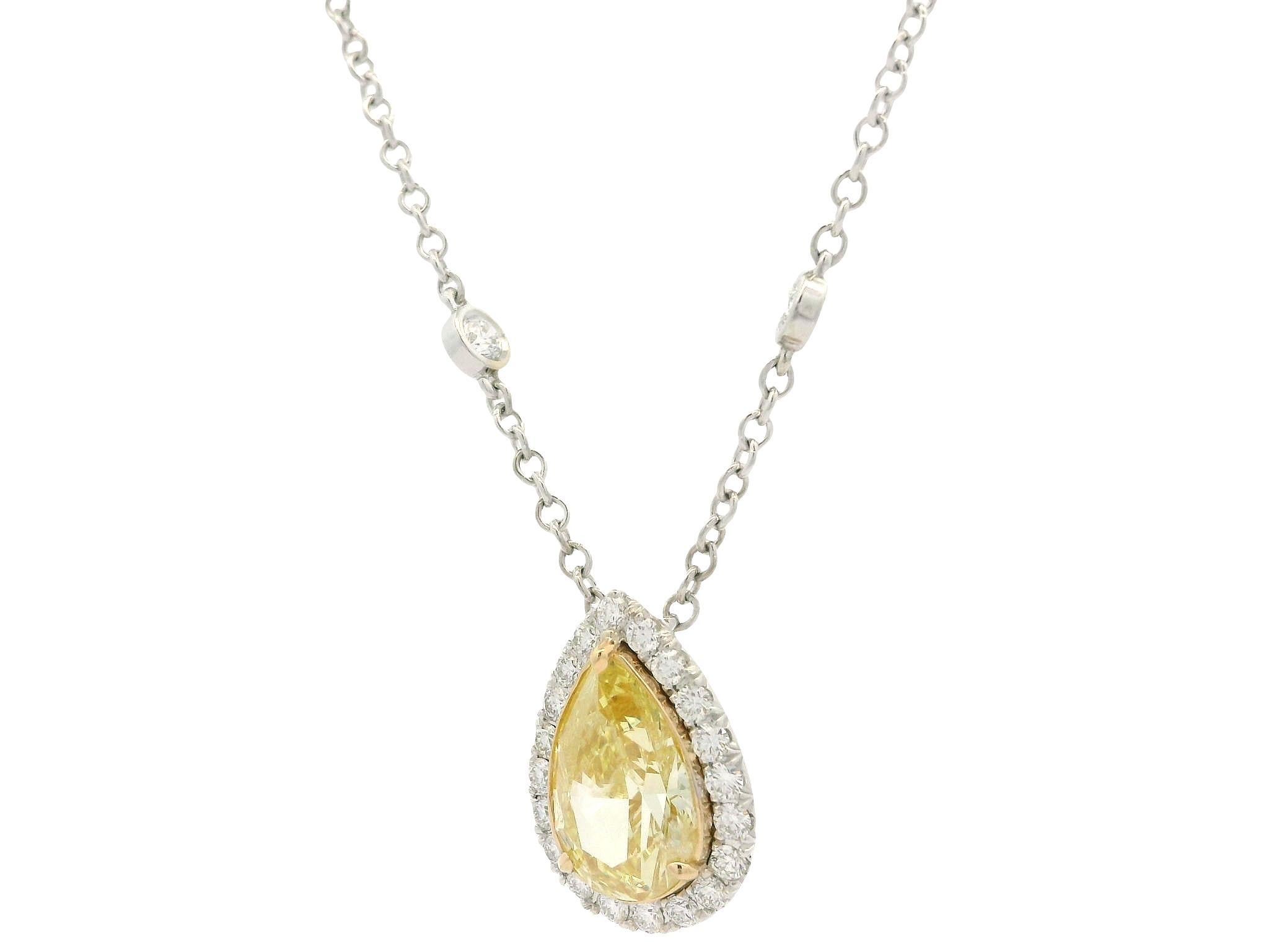 Women's 18k Gold GIA 2.70ctw Fancy Yellow Pear Diamond Tear Drop Pendant Necklace For Sale