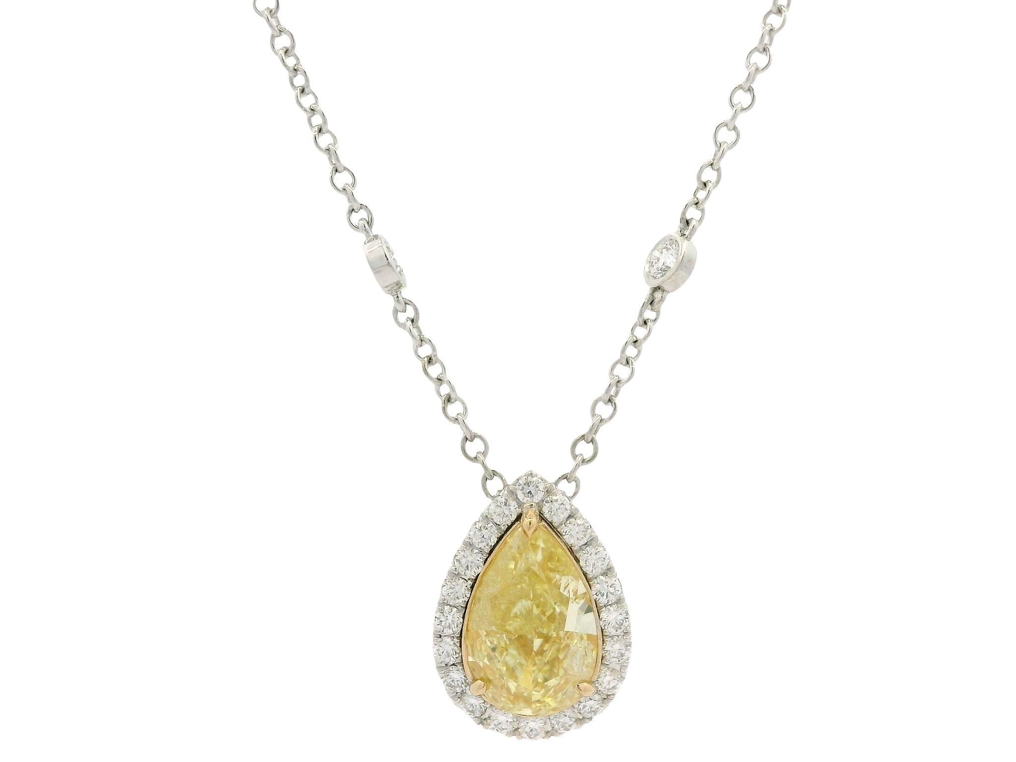 18k Gold GIA 2.70ctw Fancy Yellow Pear Diamond Tear Drop Pendant Necklace For Sale 3